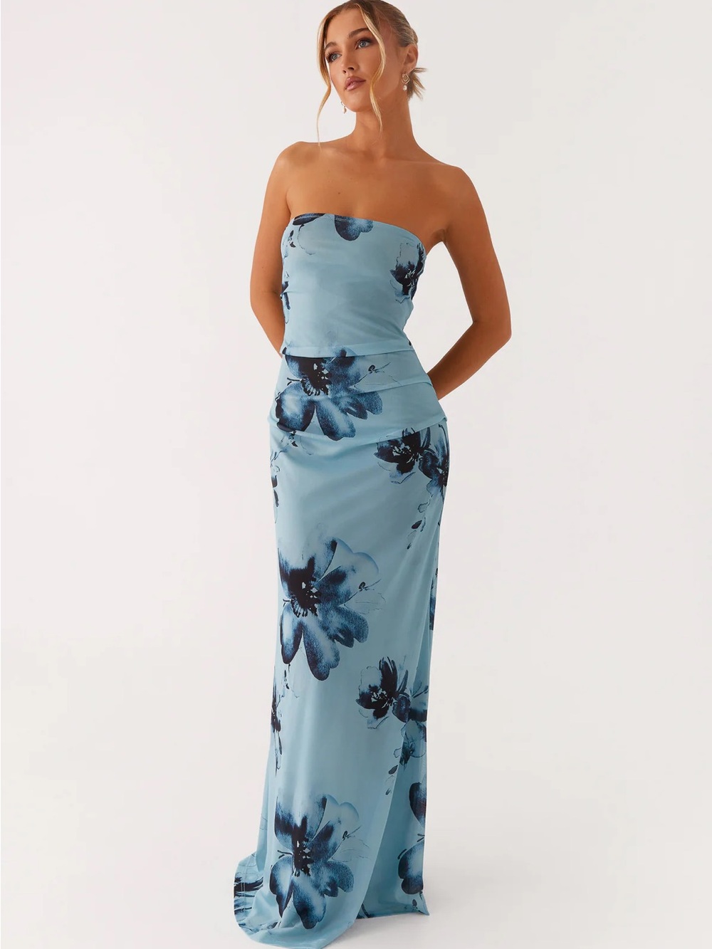 Peppermayo Strapless Light Blue Floral Column Gown - Size S